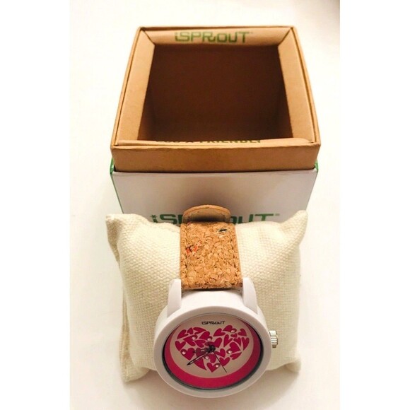 SPROUT eco-friendly watch Pink Hearts White Resin Case w Tan Cork Strap NIB - Picture 3 of 5